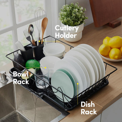 Sweet Home Collection Space-Saving 3-Piece Dish Drainer Rack Set: Efficient Kitchen Organizer for Quick Drying and Storage - Includes Cutlery Holder and Drainboard - Maximize Countertop Space, Black