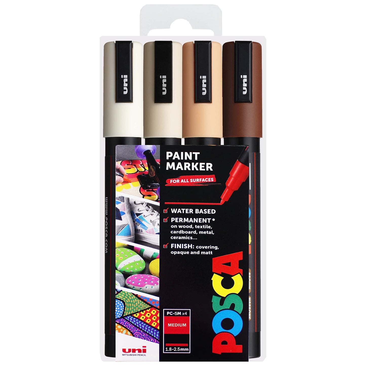 Posca PC-5M Water Based Permanent Marker Paint Art Pens - 1.8-2.5mm - Warm Neutral Tones - Wallet of 4