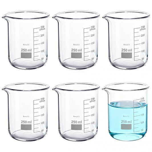 Worldity 6 Pack 250ml Glass Beakers, 3.3 Borosilicate Glass Beakers with 6 Bubble Wrap Protectors, Heat Resistant Low Form Graduated Measuring Cups for Cooking, Baking, Liquids, Home Experimenter