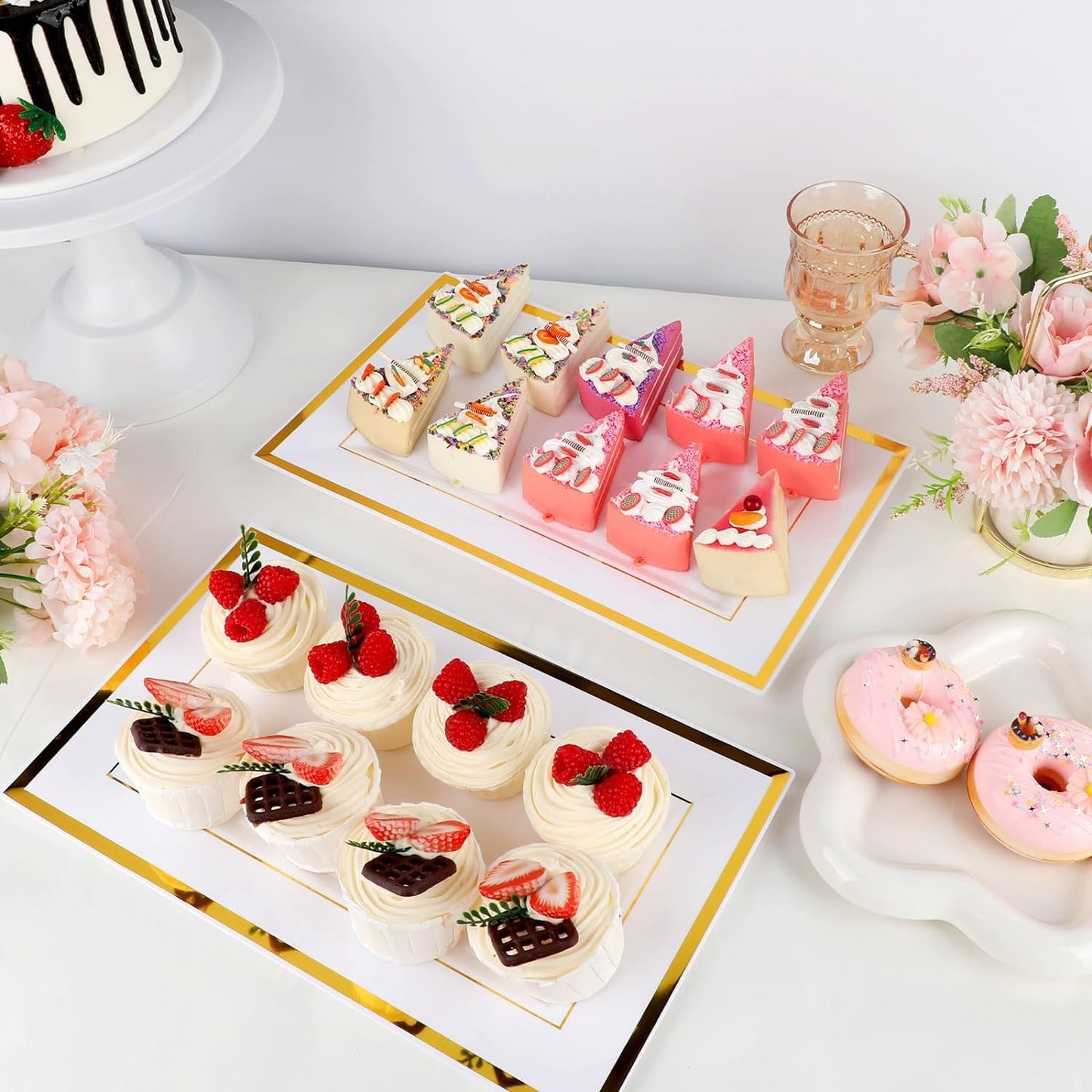 12 Pcs White Plastic Serving Trays with Gold Rim, 14''x9'' Rectangle Dessert Trays for Dessert Table, Disposable Platters Cookie Cupcake Gold Serving Tray for Birthday Party Wedding