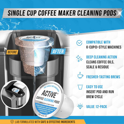 ACTIVE K-Cup Compatible Keurig Cleaning Pods - Quick-Rinse Cleaners for Single Serve Coffee Machine, 12 Month Coffee Maker Cleaner Kit, Brewer Clean Cups for Keurig 1.0, 2.0, Mini Machines - 12 Pack