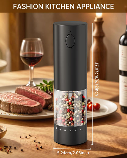 CIRCLE JOY Electric Black Pepper Grinder Rechargeable Pepper Mill Grinder with 6 Levels External Adjustable Coarseness, 95ml Large Capacity, White LED Light, USB Cable