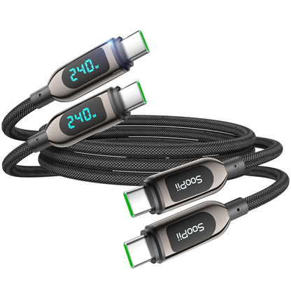 SOOPII 240W USB C to USB C Cable Fast Charge, Nylon Braided Cable with LED Display for lPhone 17/17 Pro/17 Plus/17 Pro Max,lPad Air,MacBook Pro,Galaxy S25/S24, Pixel, LG (Black, 1.2M 2Pack- 240W)