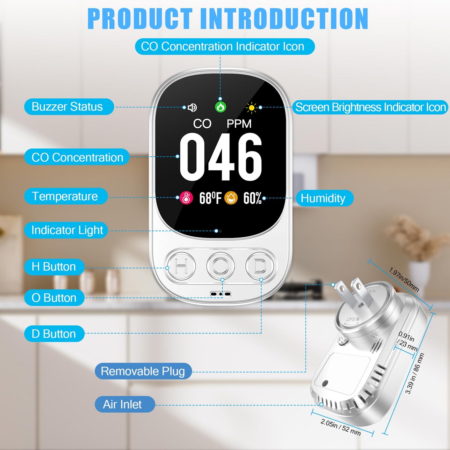 YOJOCK Carbon Monoxide Detector Plug in Wall, 3-in-1 CO Detector with Temperature & Humidity Reference Display, Compact Monitor for Home, RV & Travel