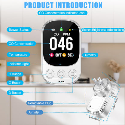 YOJOCK Carbon Monoxide Detector Plug in Wall, 3-in-1 CO Detector with Temperature & Humidity Reference Display, Compact Monitor for Home, RV & Travel