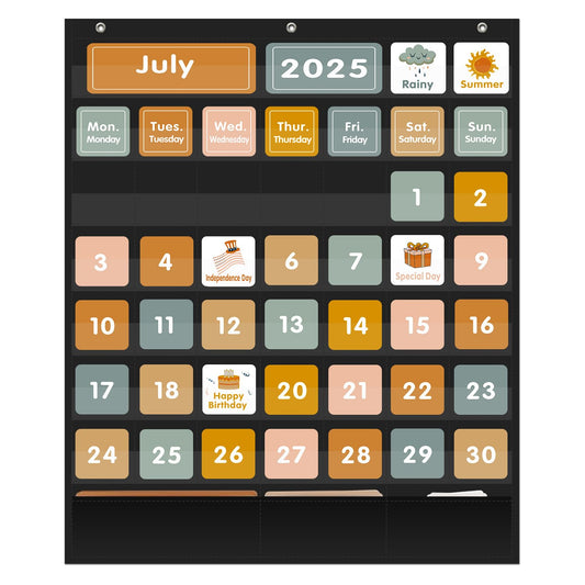 REGELETO Boho Calendar Pocket Chart with 92 Cards for Classroom,46 Pockets Black Monthly Calendar and Weather Pocket Chart for Students Learning Size: 28.75" H x 24" W inch for Home or Classroom
