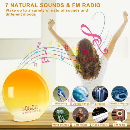 Cadrim Wake up Light, Natural Sunrise Simulation Alarm Clock Sunset Fading with Dual Alarm Clocks Snooze Function 7 Natural Sounds Setting Color Changeable Beside Nightlight and FM Radio for Bedroom