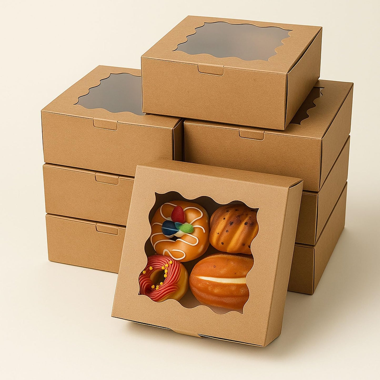 30 Pack Cake Boxes 6X6X3 Inch Small Pastry Box with Clear Window Kraft Cardboard Bakery Box with Stickers Perfect for Cake Treats Donuts,Chocolates,Candies Desserts