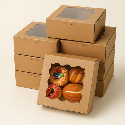 30 Pack Cake Boxes 6X6X3 Inch Small Pastry Box with Clear Window Kraft Cardboard Bakery Box with Stickers Perfect for Cake Treats Donuts,Chocolates,Candies Desserts