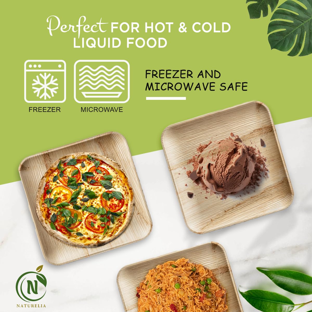 Naturelia 100% Compostable 8-Inch Palm Leaf Disposable Plates Square- Faux Wood Style Dinnerware Set, Reliable Kitchen Accessories Safe for Microwaves, Ovens and Freezers, Square Plates