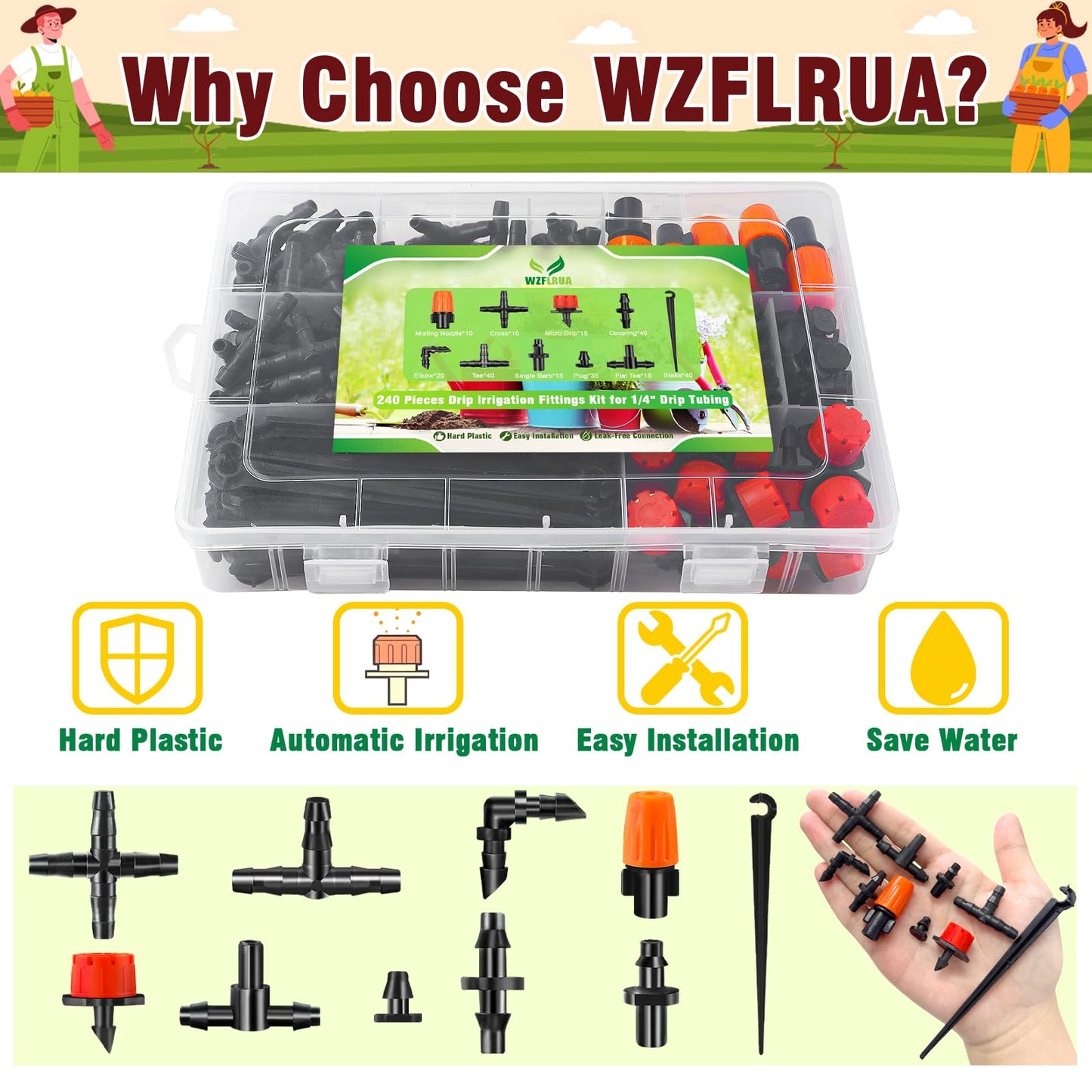 WZFLRUA 240-Piece Drip Irrigation Fittings Kit for 1/4" Tubing, Complete Set of Drip Barbed Connectors (Nozzle, Micro Dripper, Nozzle Tee, Single Barb, Coupling, Tee, Elbow, Plug, Cross, Stake)