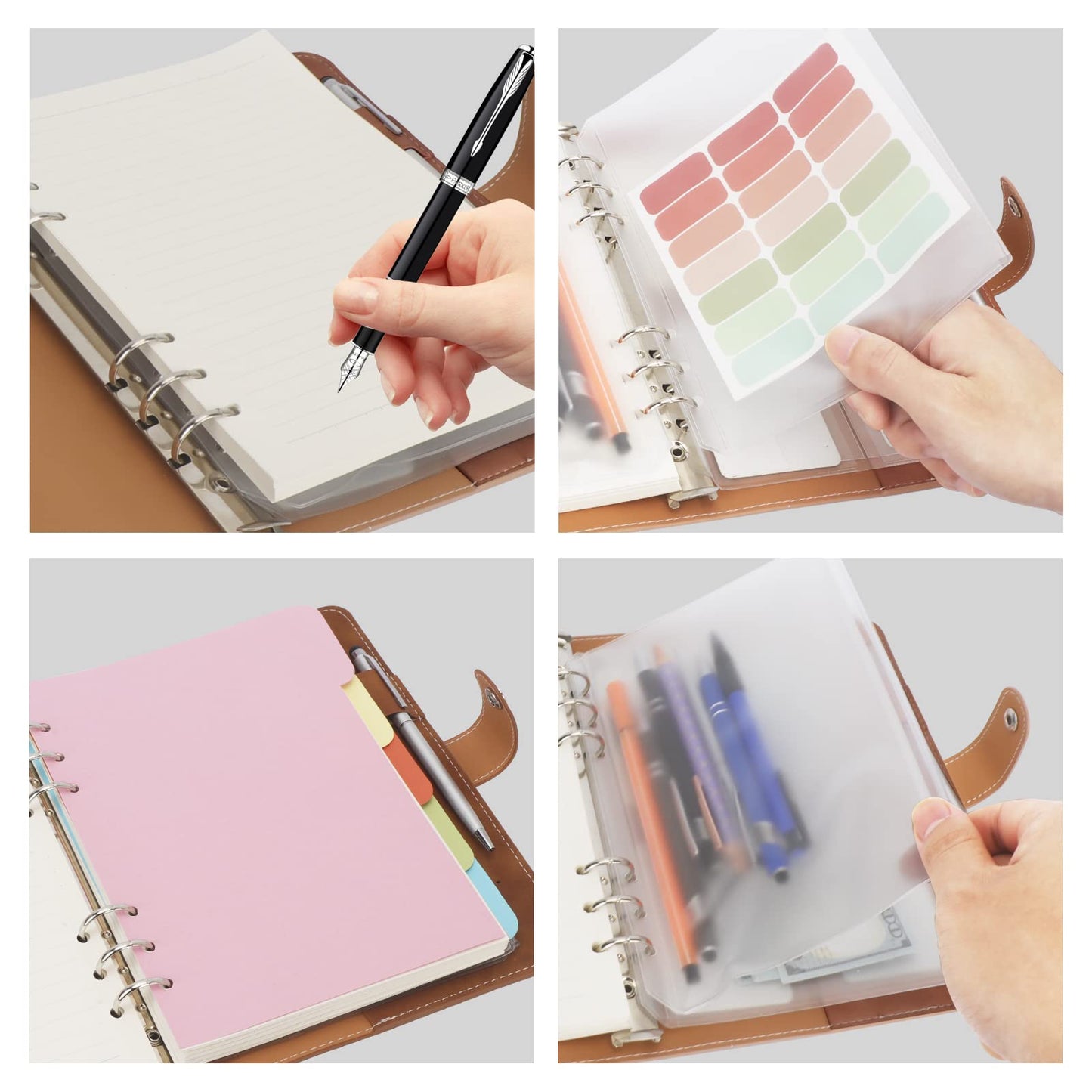 Colacoo Leather A5 Binder Notebook 6 Ring, Refillable Planner with Pockets, Dividers, Refill Paper, Travel Journal Cover Brown