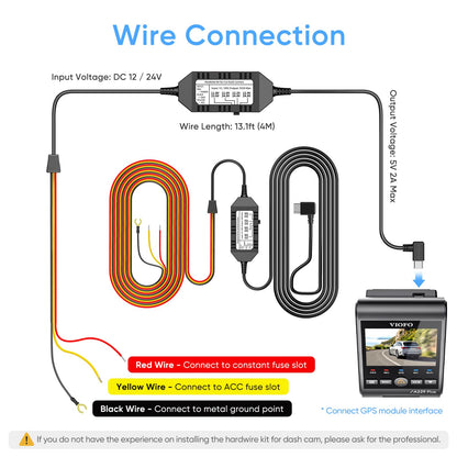 VIOFO HK4 Acc Hardwire Cable, USB-C Hard Wire Cable for A329 series/A229 series/A119Mini2/A139Pro/WM1/T130 Dash Cam, Low Voltage Protection for Parking Mode (Fuse Tap Not Included)