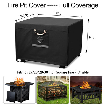 QH.HOME Fire Pit Cover Square Super Waterproof, 30" L x 30" W x 24" H Outdoor Firepit Table Cover 600D Strong Tear Resistant, UPF 50+ Fire Pit Cover Fading Resistant for Square Fire Pit - Black