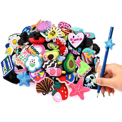XHAOYEAHX 100PCS Summer Theme Different Pencil Topper Charms Decoration Sun Theme Ocean pen charms PVC pen Topper Student DIY Pencil Clips Charms Accessories for Classroom Students Gifts Awards.