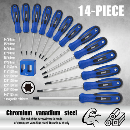Sinoer 14-Piece Magnetic Torx Screwdrivers Set，Chromium Vanadium Steel，T4 - T40Magnetic Torx Driver Star Screwdrivers Set ，Professional Grade Repair Tools
