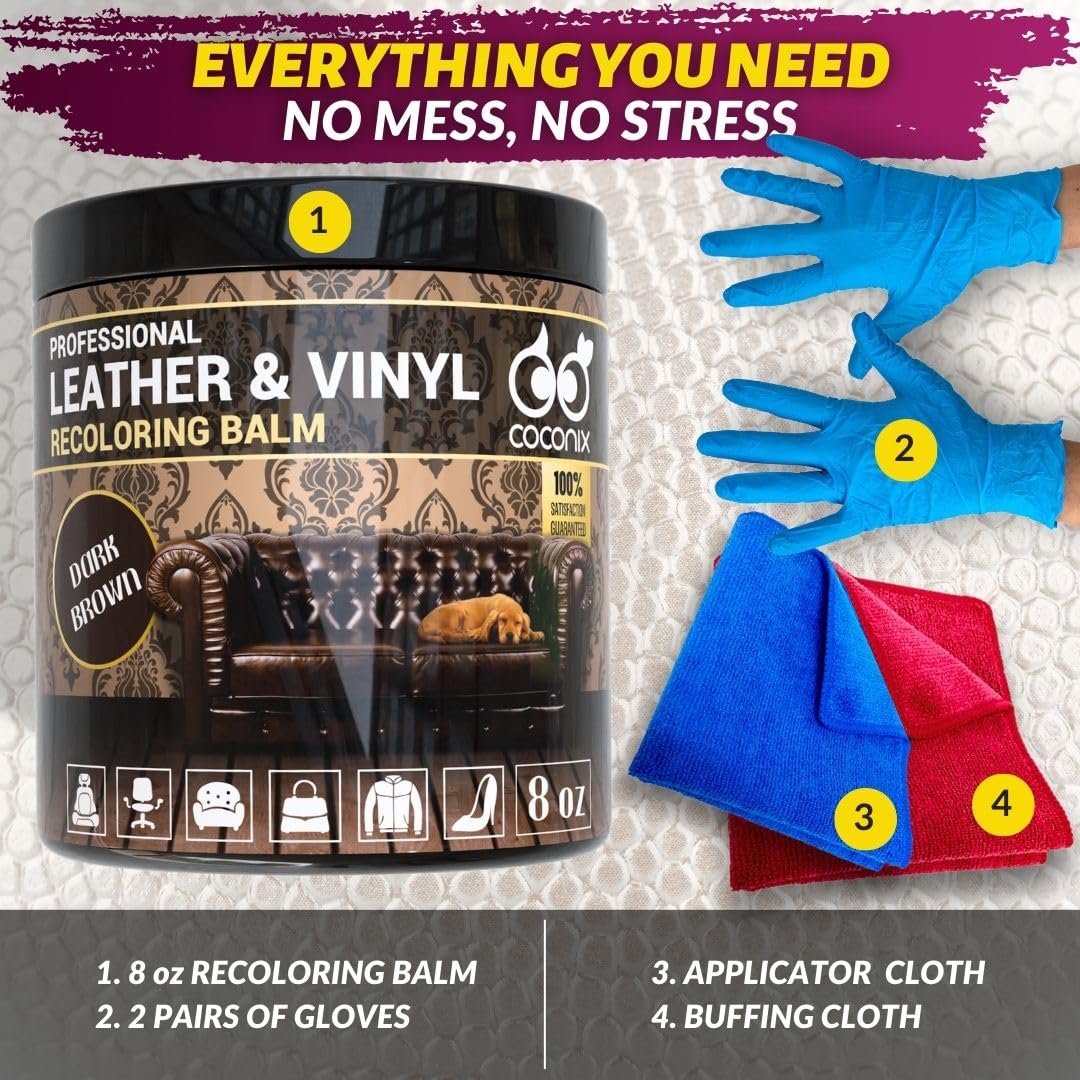 Coconix Leather & Vinyl Recoloring Balm - Dark Brown | Restore Faded, Worn, and Peeling Leather and Vinyl on Sofas, Chairs, and Car Seats | Vibrant Colors with Simple Application