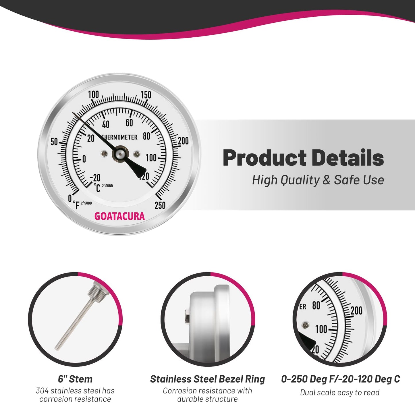 GOATACURA Bimetal Thermometer, Full Stainless Steel, 3" Dial Size, 6" Stem, 1/2" NPT Back Mount, 0-250 Deg F/-20-120 Deg C, 1% Accuracy