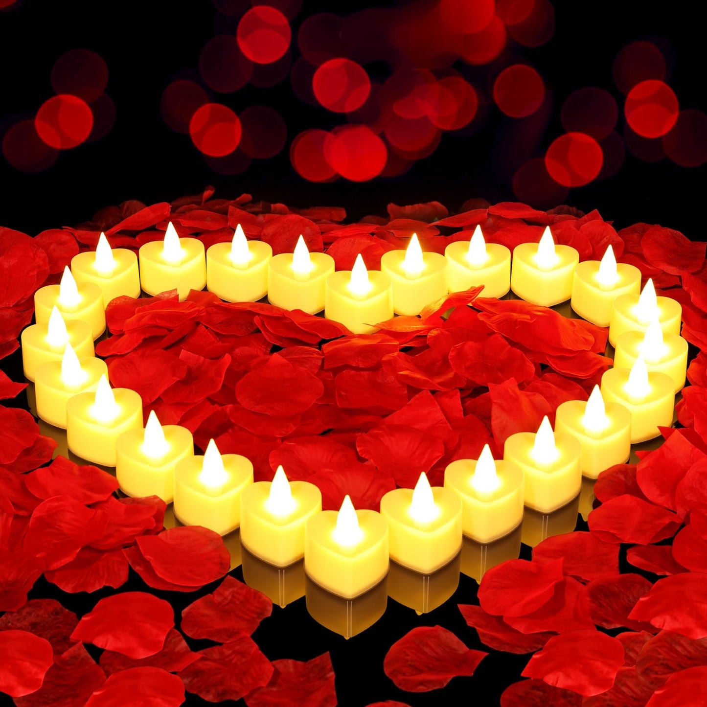2000 Pcs Artificial Rose Petals with 24 Pcs Romantic Flameless Candles, LED Heart Tea Lights Battery Operated for Romantic Night Wedding Anniversary Table Party Decoration