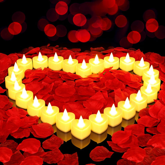 2000 Pcs Artificial Rose Petals with 24 Pcs Romantic Flameless Candles, LED Heart Tea Lights Battery Operated for Romantic Night Wedding Anniversary Table Party Decoration