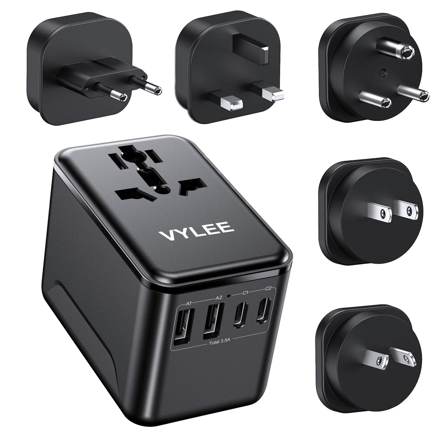 VYLEE Travel Adapter Worldwide, Universal Travel Plug Adapter with 2 USB C and 2 USB A, International Socket Adapter for USA, England, Japan, Maldives, Sri Lanka, Australia (Type A/C/D/G/I)