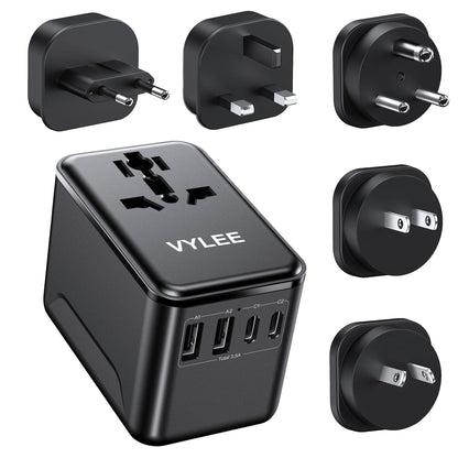 VYLEE Travel Adapter Worldwide, Universal Travel Plug Adapter with 2 USB C and 2 USB A, International Socket Adapter for USA, England, Japan, Maldives, Sri Lanka, Australia (Type A/C/D/G/I)