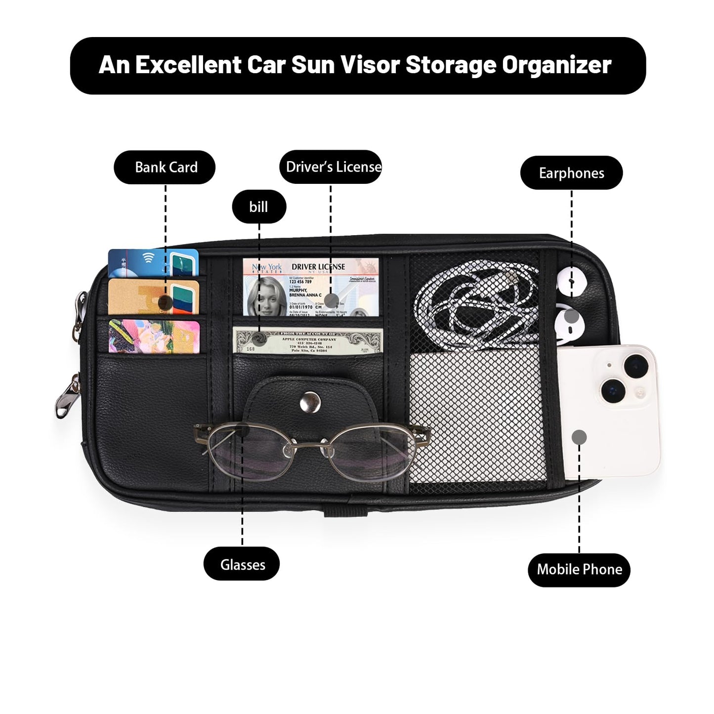 Yuan & Chuang Car Visor Organizer, Sun Visor Storage Pouch with Zipper, Lightweight Car Organizer for Cards, Glasses and Documents, PU Leather, Road Trip Essentials, Fits Most Vehicles, Black (1 Pack)