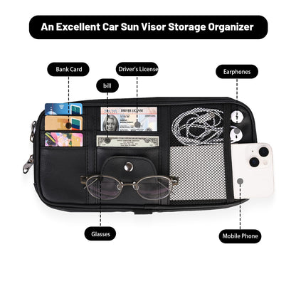 Yuan & Chuang Car Visor Organizer, Sun Visor Storage Pouch with Zipper, Lightweight Car Organizer for Cards, Glasses and Documents, PU Leather, Road Trip Essentials, Fits Most Vehicles, Black (1 Pack)