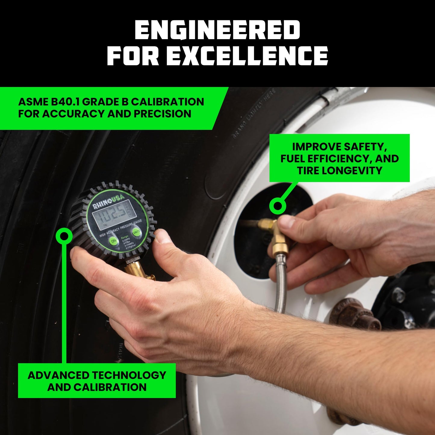 Rhino USA Digital Tire Pressure Gauge (0-250 PSI) - Professional ANSI B40.7 Accurate, Easy Read Glow Dial, Premium Braided Hose - Heavy Duty Air Guage for Truck Tires, Cars, Semi, RV & More!