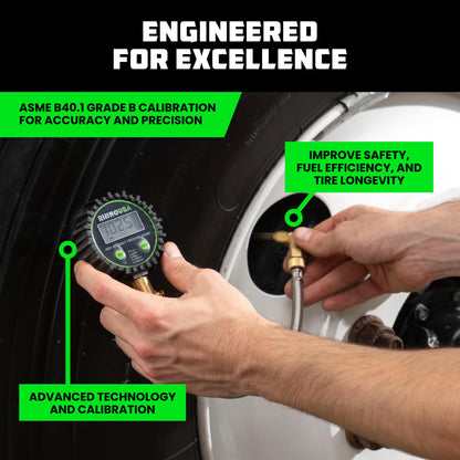 Rhino USA Digital Tire Pressure Gauge (0-250 PSI) - Professional ANSI B40.7 Accurate, Easy Read Glow Dial, Premium Braided Hose - Heavy Duty Air Guage for Truck Tires, Cars, Semi, RV & More!