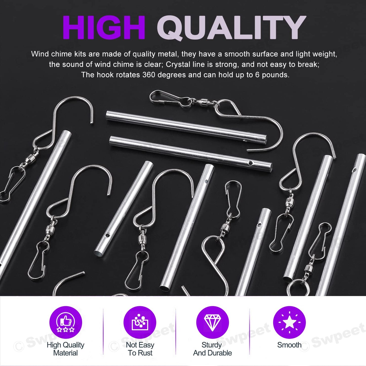 Swpeet 61pc Wind Chime Tubes & Wire Kit with Swivel Hooks, DIY Crafts Hanging Wind Chimes