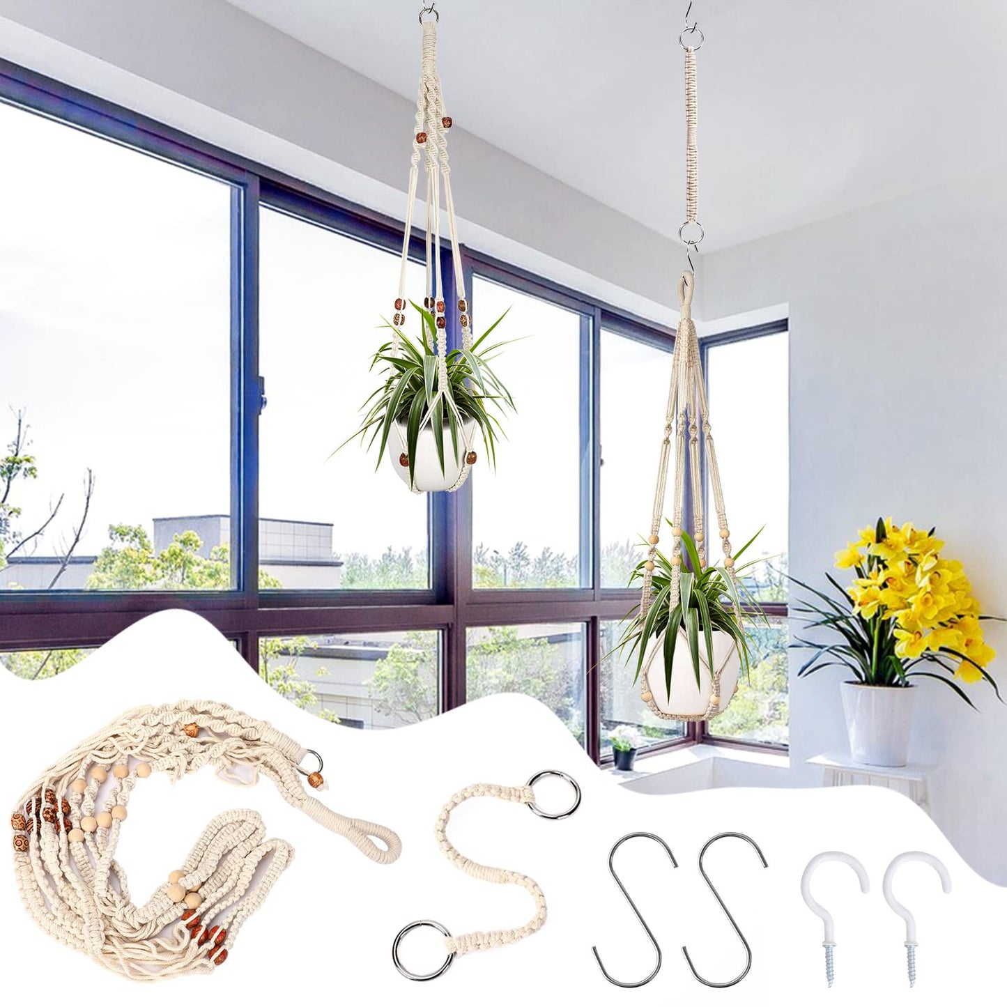Augshy Macrame Plant Hanger, 2Pcs Hanging Holder with Extender Hangers for Indoor Outdoor Decor Macrame Hanging Basket with 4 Hooks