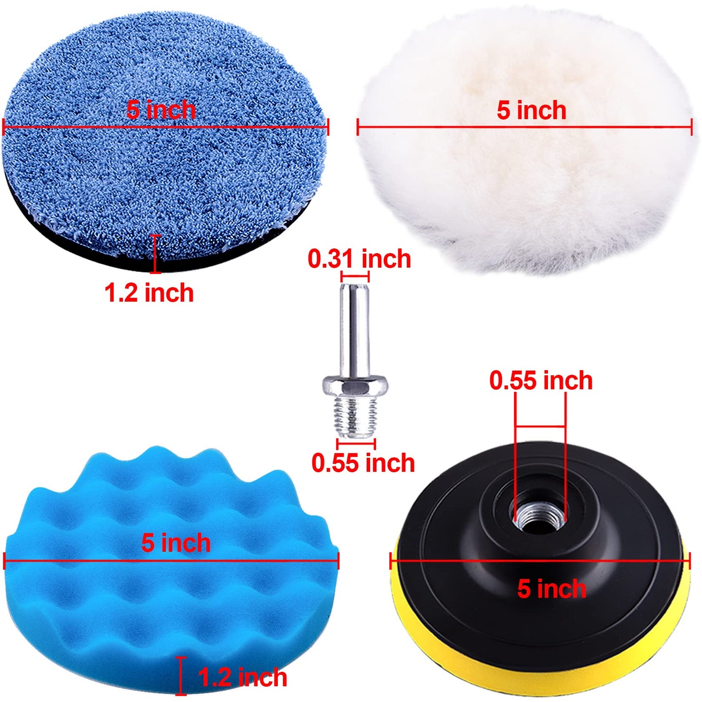 SIQUK 17 Pieces Drill Polishing Kit 5 Inch Buffing Pads Car Foam Polishing Pads Waxing Bonnet Drill Buffer Attachment for Drill