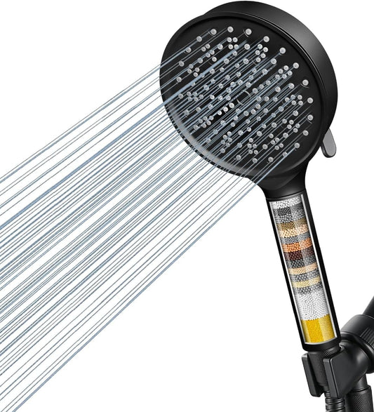 Cobbe Handheld Showerhead with Filter, High Pressure 6 Spray Pattern Showerhead with Holder, Hose and Water Softener Filters Beads for Hard Water Dechlorination, Black