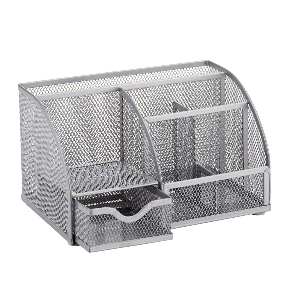 Annova Mesh Desk Organizer Office with 7 Compartments + Drawer/Desk Tidy Candy/Pen Holder/Multifunctional Organizer (silver)