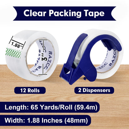 RAZCC Packing Tape, 12 Rolls Clear Heavy Duty Packaging Tape with Dispensers for Packing, Shipping, Moving and Mailing, Thicker Sealing Tape-1.88" x 65 Yards Per Roll, 780 Total Yards
