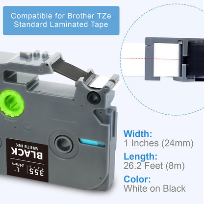 Absonic 3-Pack 24mm White on Black Label Tape Compatible for Brother Tze-355 Tz355 Tze355 Tz-355 PTouch Tze Tz Label Tape 24mm Laminated Black 1 Inch for PT-D600 PT-P700 PT-P710BT PT-P950NW PT-E500