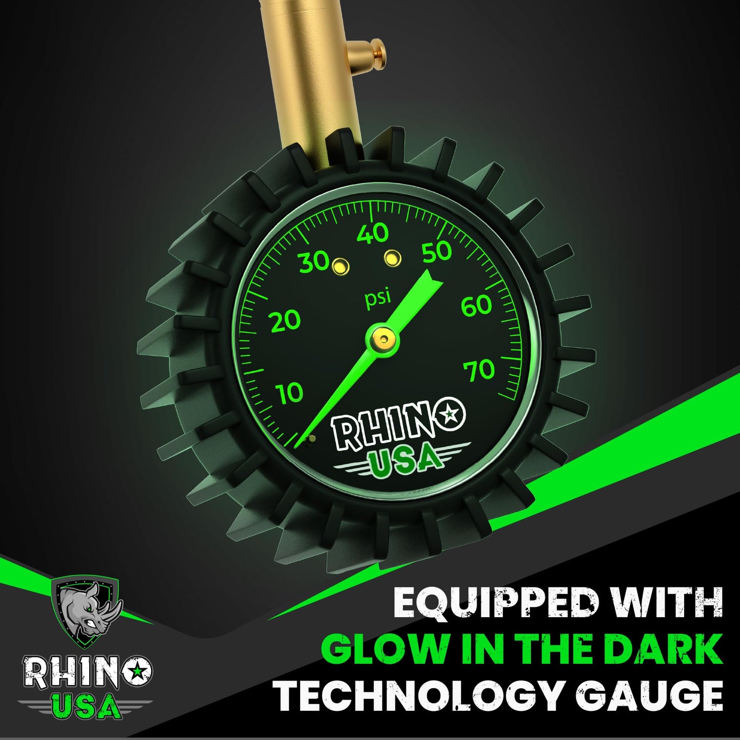 Rhino USA Heavy Duty Tire Pressure Gauge - Certified ANSI B40.1 Accurate, Large 2" Easy Read Glow Dial, Solid Brass Hardware, Best Any Car, Truck, Motorcycle, RV (75psi w/Hose)