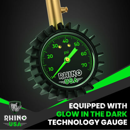 Rhino USA Heavy Duty Tire Pressure Gauge - Certified ANSI B40.1 Accurate, Large 2" Easy Read Glow Dial, Solid Brass Hardware, Best Any Car, Truck, Motorcycle, RV (75psi w/Hose)