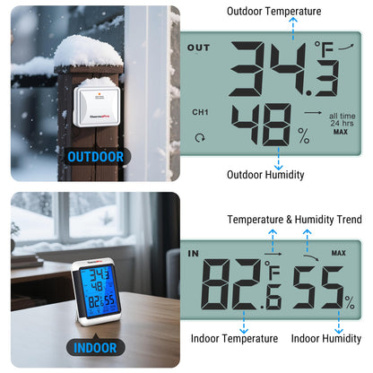 ThermoPro TP65B Digital Hygrometer Indoor Outdoor Thermometer Wireless Temperature and Humidity Monitor with Jumbo Touchscreen and Backlight Humidity Gauge, 500ft/150m Range