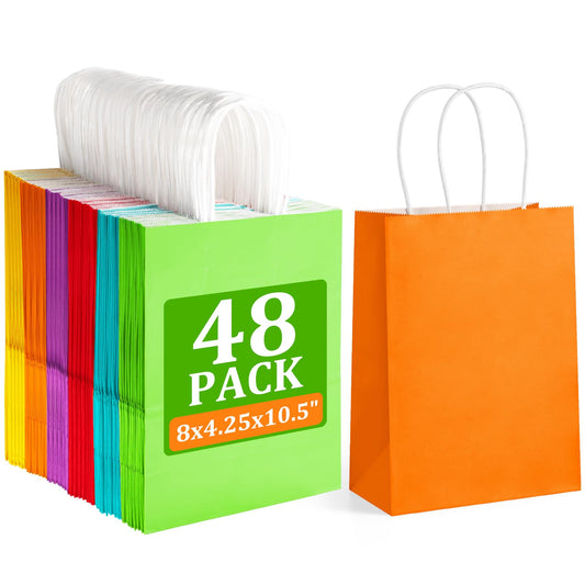 BagDream 48PCS Medium Party Favor Paper Gift Bags with Handles 6 Assorted Rainbow Colors Kraft Paper Party Bags for Wedding Brithday 8x4.25x10.5