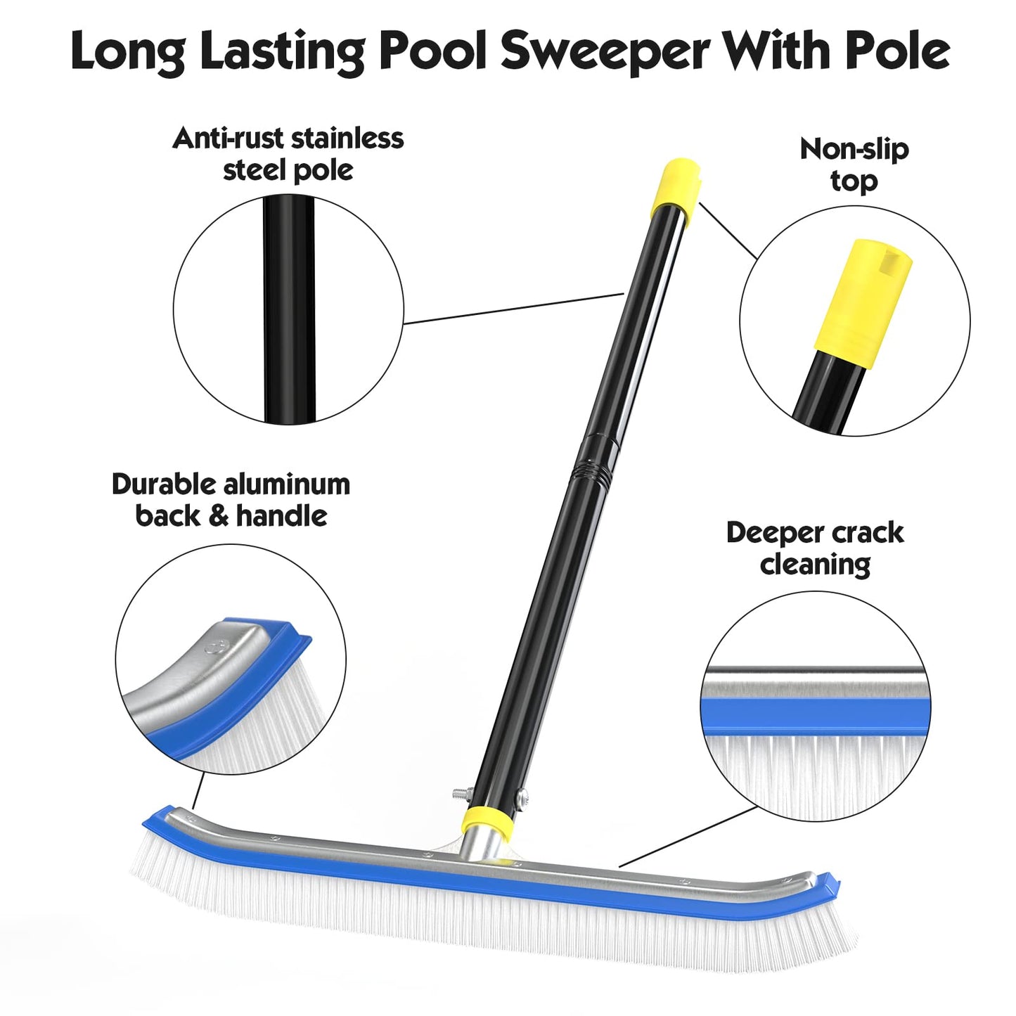 Swimming Pool Brush,Heavy Duty Pool Cleaning Brush with Adjustable Pole Length from 2.6-6FT,18" Polished Nylon Bristles Pool Brush for Cleaning Swimming Pool,Wall,Pools Floor Tiles