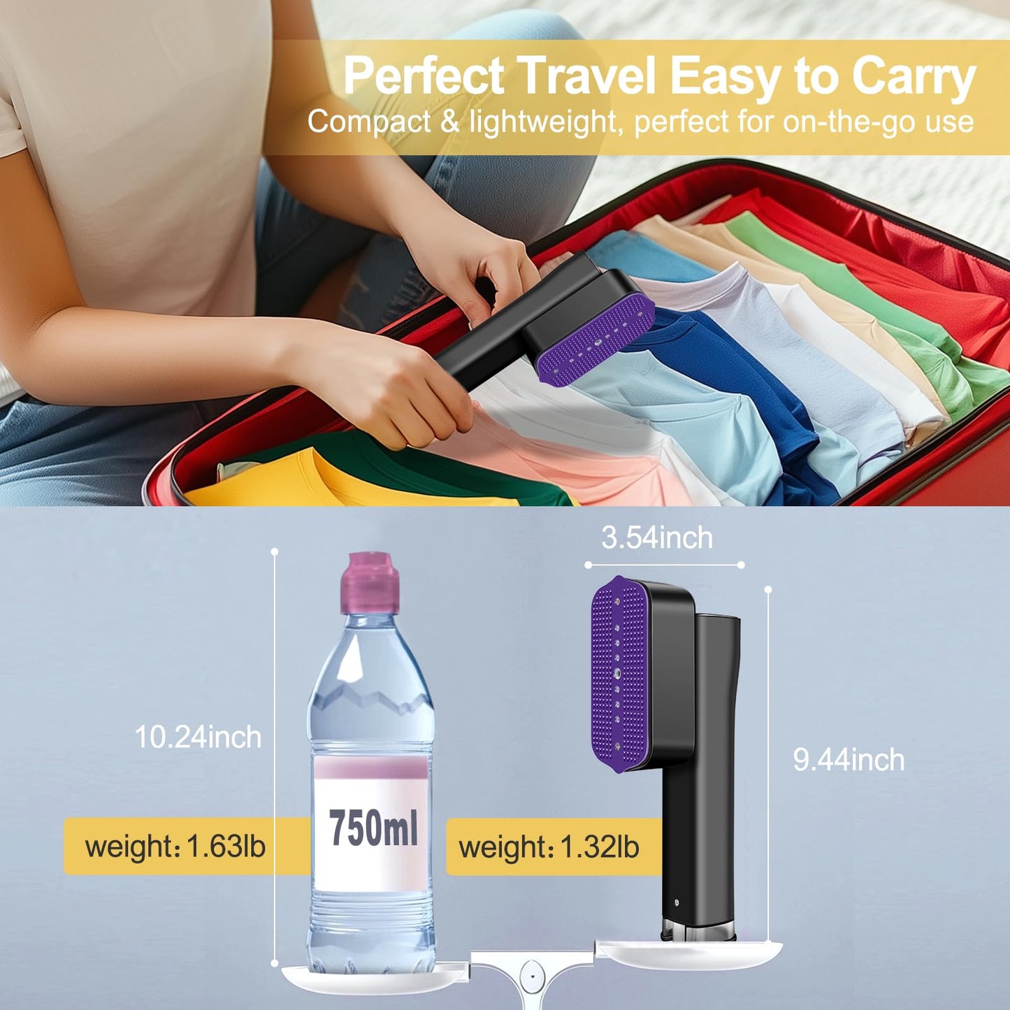Travel Steamer for Clothes Handheld: 2-in-1 Portable Clothing Garment Steamer and Iron Fast Heat-up & 3 Levels of Steam Hand Held Mini Steamer for thick Fabric Only 1.3lbs for Travel ＆ Home (Black)