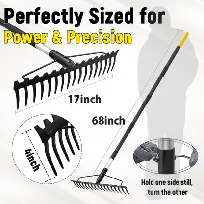 BlumeTrec Bow Rake, 68-Inch Adjustable Handle Garden Rake with 17 Steel Tines, Heavy Duty Dual-Sided Metal Rake Landscape Gardening Tool for Soil Loosening Lawn Yard Leaves Mulch Thatch Removing