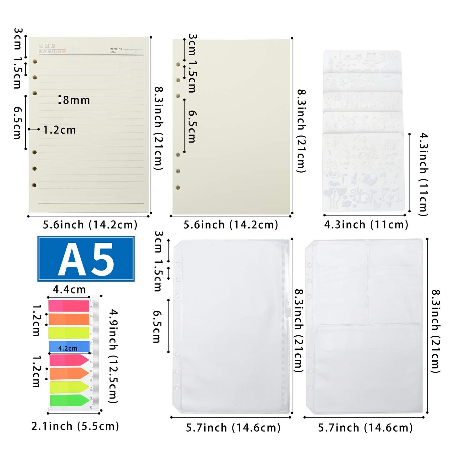 Wonderpool 320 Pages Blank/Lined A5 Refill Paper Inserts Binder Loose Leaf Paper, Dividers, Pocket, Neon Page Marker, Bookmark, Stencils for Refillable 6 Ring Binder Journal Notebook Diary Planner(A5)