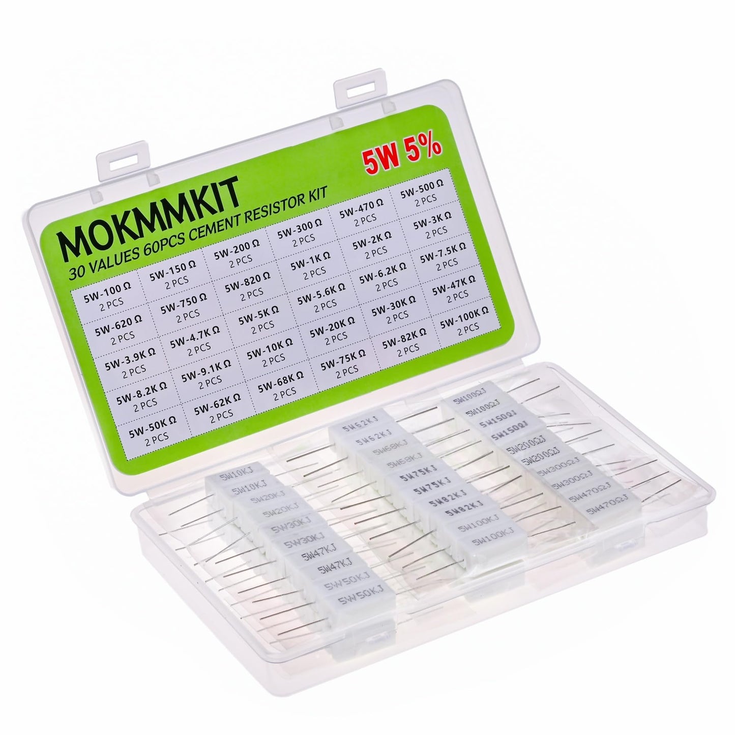 MOKMMKIT 30 Values 60 Pieces Ceramic Cement Resistor KIT 5W Resistance 5 Watt ±5% Power Resistors (100 ohm-100K ohm）