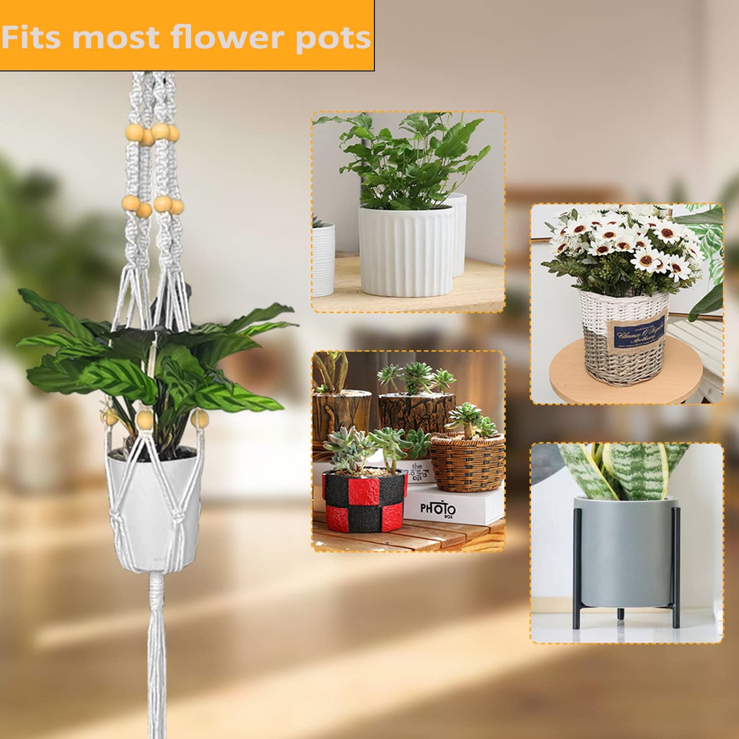 5 Pack Macrame Plant Hangers, Handmade Hanging Planter with Beaded & Tassel for Indoor Outdoor Plant Pots, Durable Cotton Rope Plant Hanger for Home, Garden, Balcony Decor