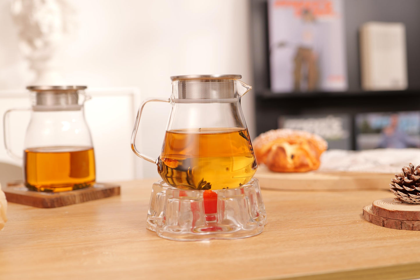 CNGLASS One-Touch Glass Teapot,20oz(600ml) Glass Tea Kettle with Stainless Steel Filter Lid,Stovetop Safe Tea Maker for Loose Leaf Tea