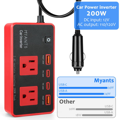 200W Car Power Inverter, DC 12V to 110V AC Car Plug Adapter Outlet with 4 USB Fast Charging Port, Car Charger Cigarette Lighter Adapter for Laptop，Road Trip
