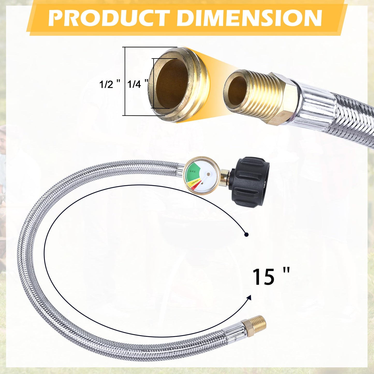 15 in RV Propane Hoses with Gauge, Stainless Steel Braided Camper Tank Hose,Propane Pigtail Hose Line for Camper Standard Dual Stage Regulator,1/4-Inch Male,40Lb 250PSI,NPT x QCC1 Fittings. (2 Pack)